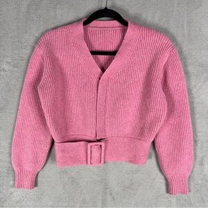 Victoria Beckham Belted Rib-Knit Wool Cardigan Women's Size 2 Pink Sweater